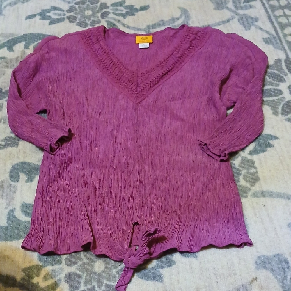 Ruby Rd. Magenta Crinkled V-Neck Top - Picture 6 of 9